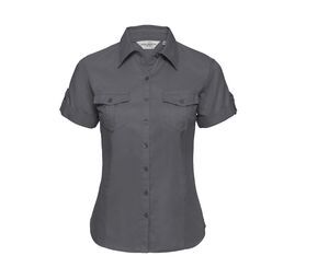 Russell Collection JZ19F - Bomuldsskjorte til kvinder med oprullede ærmer Zinc