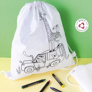 EgotierPro 52046 - Hvid RPET ikke-vævet taske med sjove dyr og 4 farvekridt SAFUN